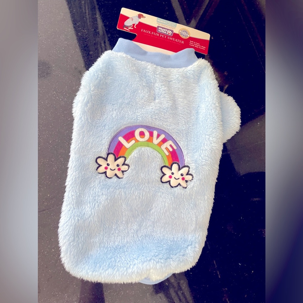 New Heart To Tail Faux Fur Pet Sweater Blue Size M Soft, Comfy “Love” Embroidery